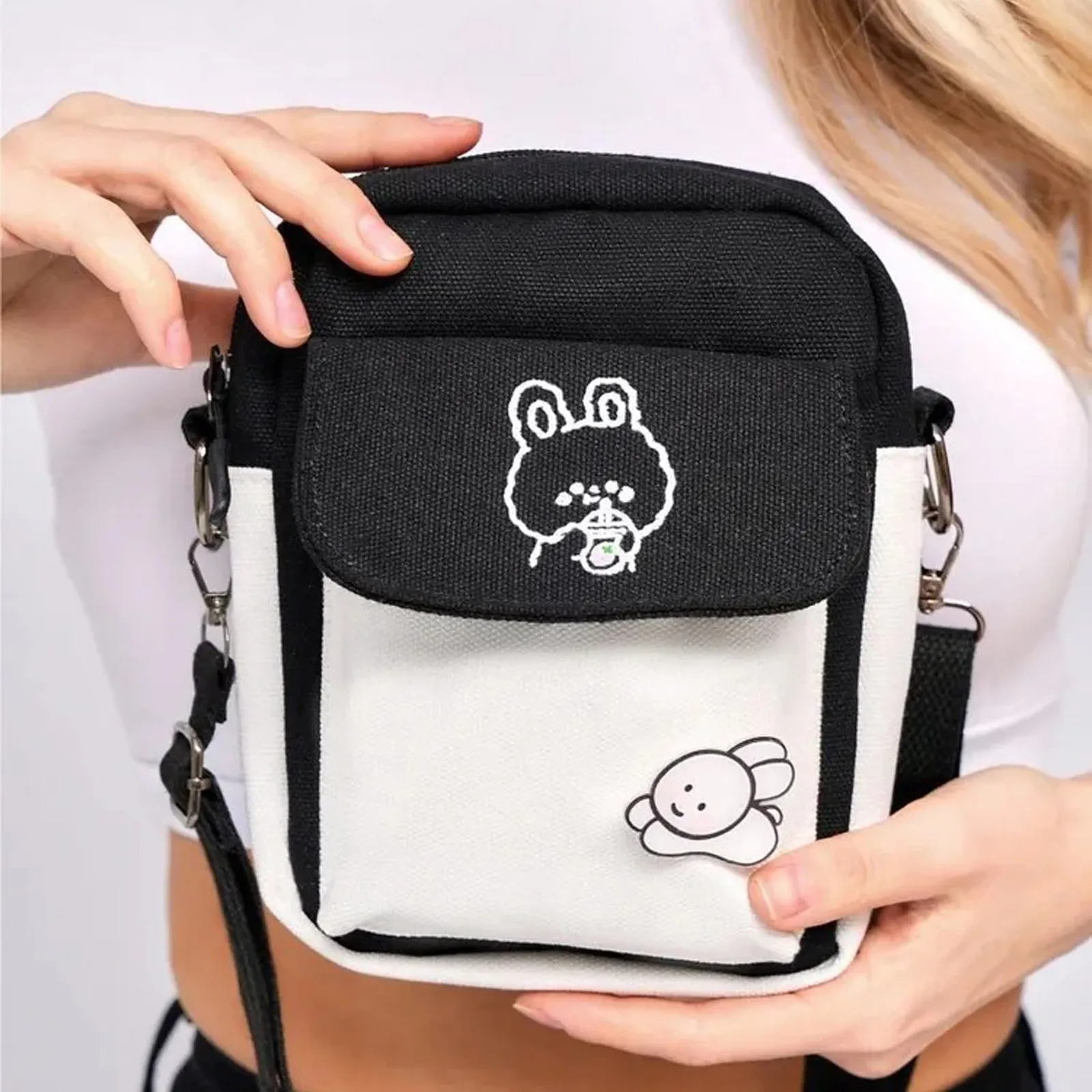 Fashion Canvas Shoulder Bag Small Cartoon Shopping Bag Korean Trendy Soft Girl Crossbody Bags Lightweight Handbag