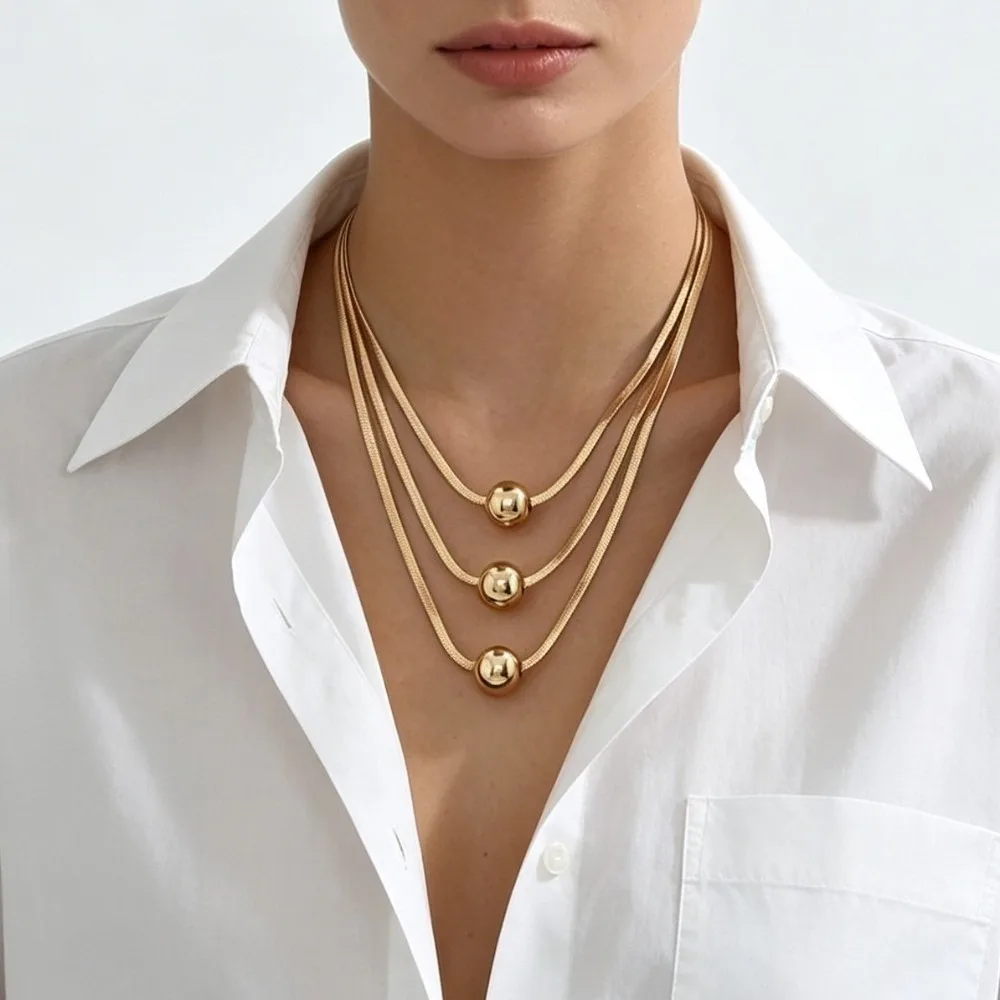 Elegant Alloy Flat Snake Chain Necklace Stacked 3-Layer Clavicle Chain Bead Pendant Gold Plated Collarbone Jewelry Casual