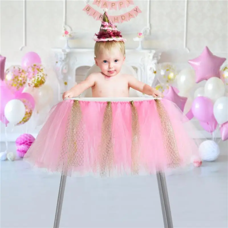 Baby Dining Chair Skirt Baby Shower Party Birthday Decoration Tutu Mesh Fluffy Chair Skirt