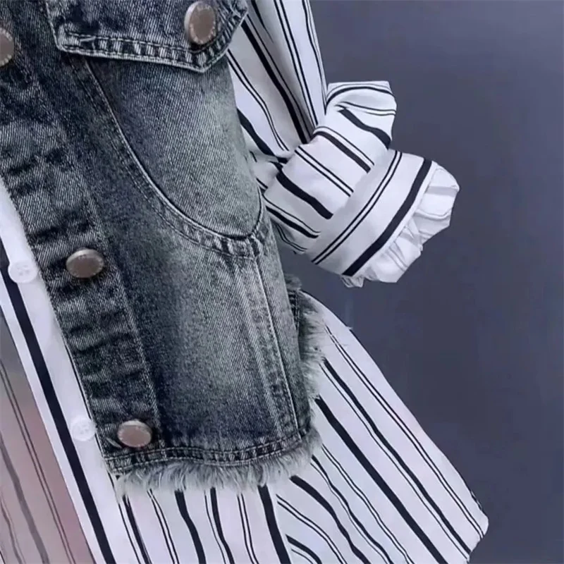 Design Fake Two Denim Shirts Women\'s 2024 Korean Version Casual Western Style Joker Fashion Stitching Striped Tops