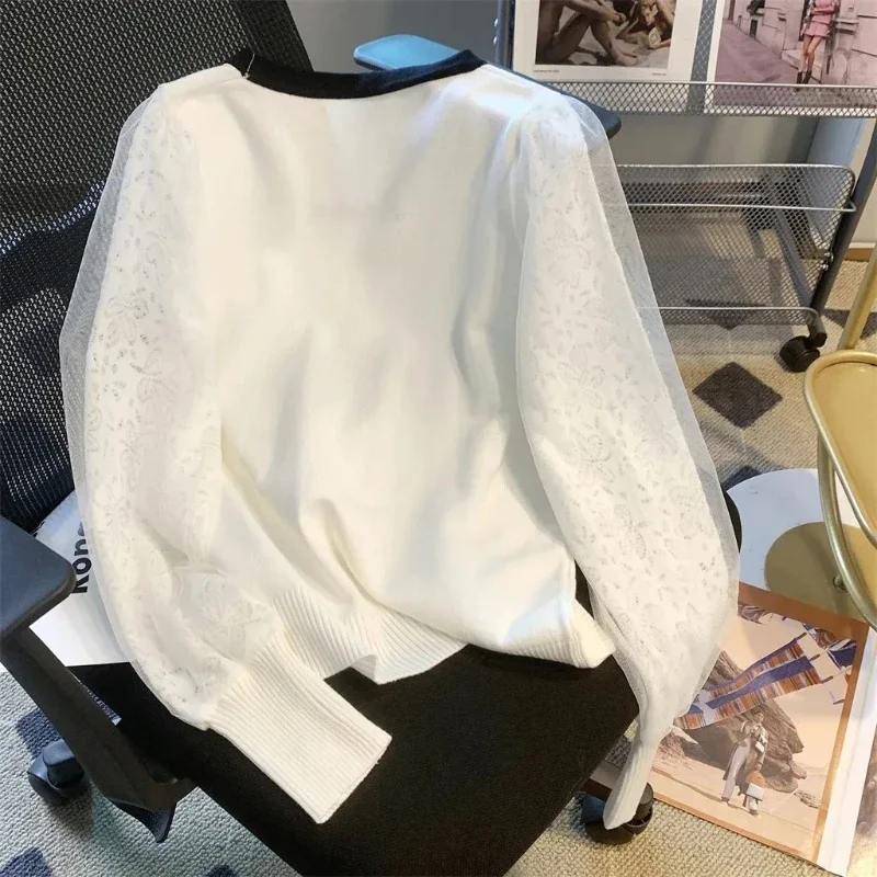 Pull patchwork à manches longues pour femmes, pulls chauds, doux, chic, tout match, bouton en Y, nœud en maille, mode printemps et automne