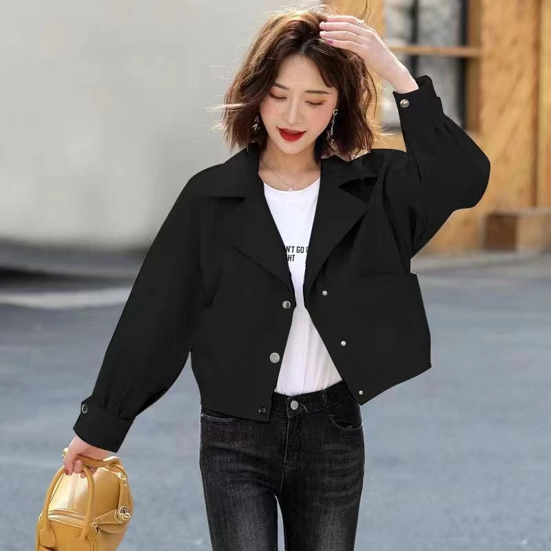 

Винтажное однотонное короткое пальто 2025 года, женская одежда, весенне-осенняя новая тонкая куртка, топы, женская свободная уличная одежда с длинными рукавами, верхняя одежда Tide