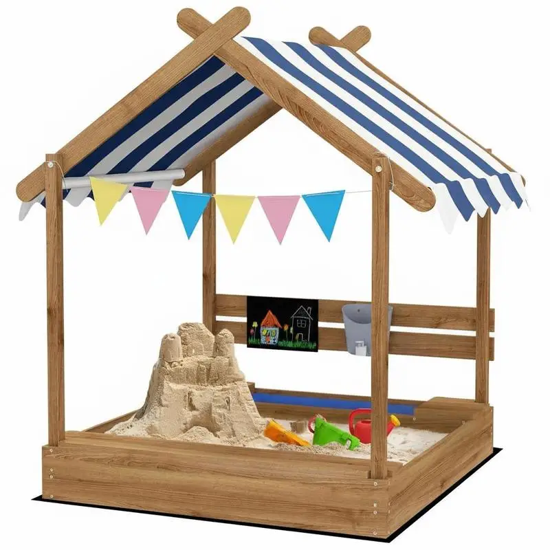 

Wooden Sandbox, Outdoor Sandpit, with Blackboard, Toys, Sink, Seats, Flags- Brown