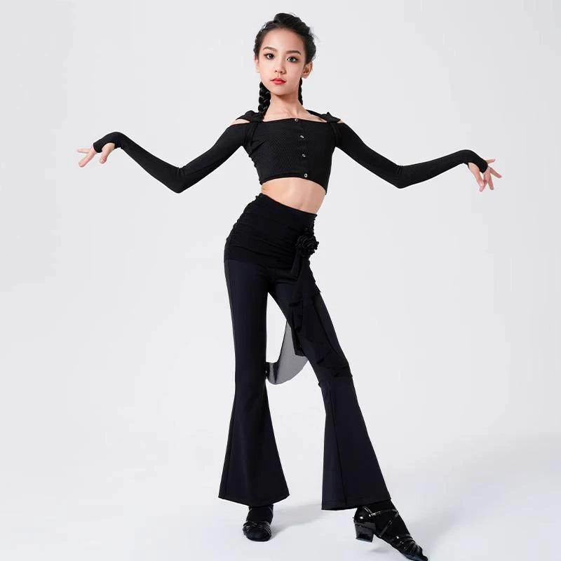 

Новая одежда для латинских танцев, черный боди на одно плечо для девочек, детские спортивные тренировочные штаны, одежда для бальных танцев