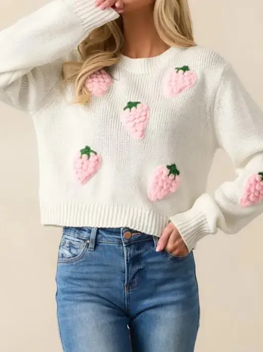 Autumn & Winter New Sweet 3D Three-Dimensional Strawberry Pattern Pullover Women's Sweater Elegant Long Sleeved Knitted Sweater