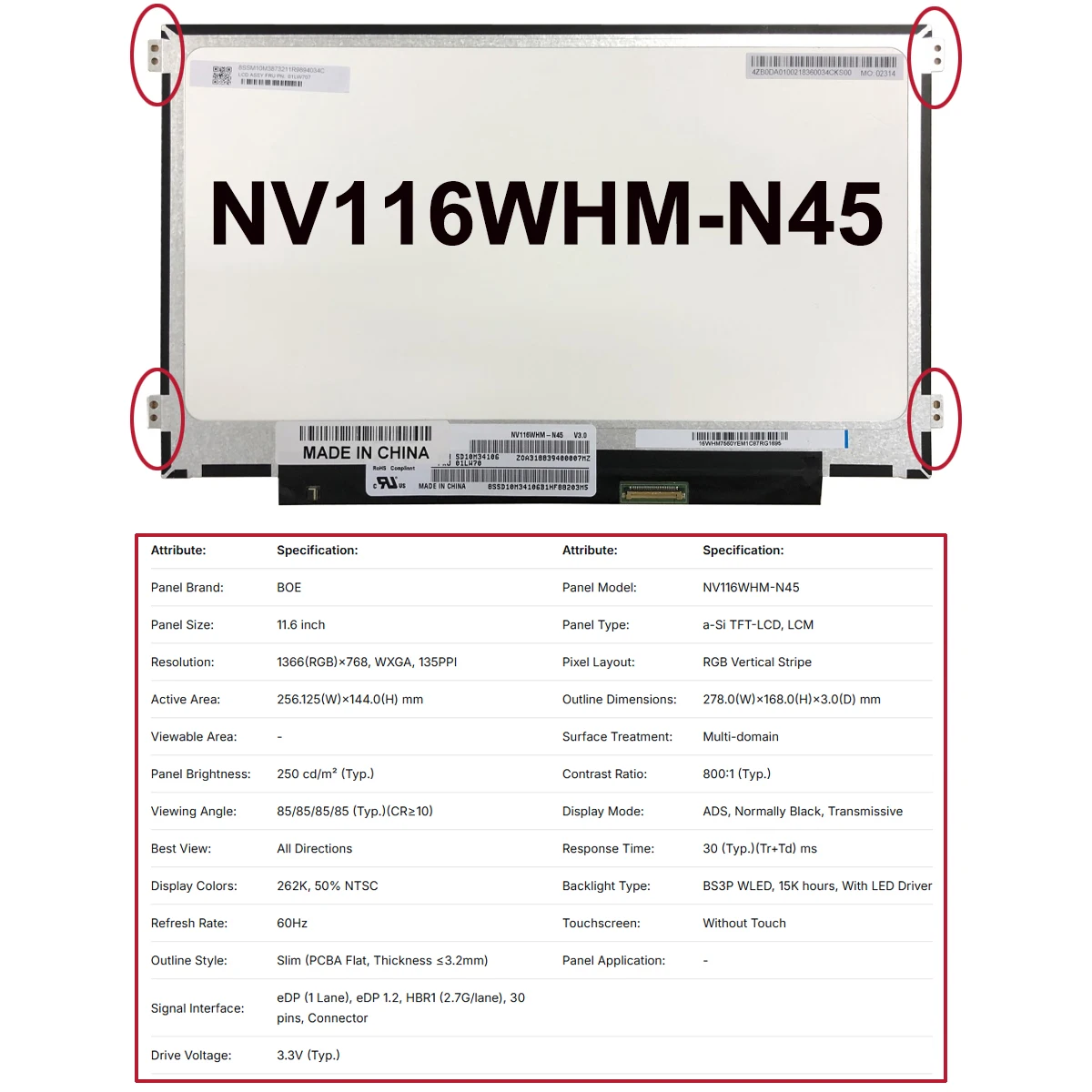 الأصلي والجديد A + 11.6 "كمبيوتر محمول Lcd شاشة عرض لوحة سليم 30 دبابيس NT116WHM N42 NT116WHM N21 N116BCA EA1 N116BGE EA2 NV116WHM N45