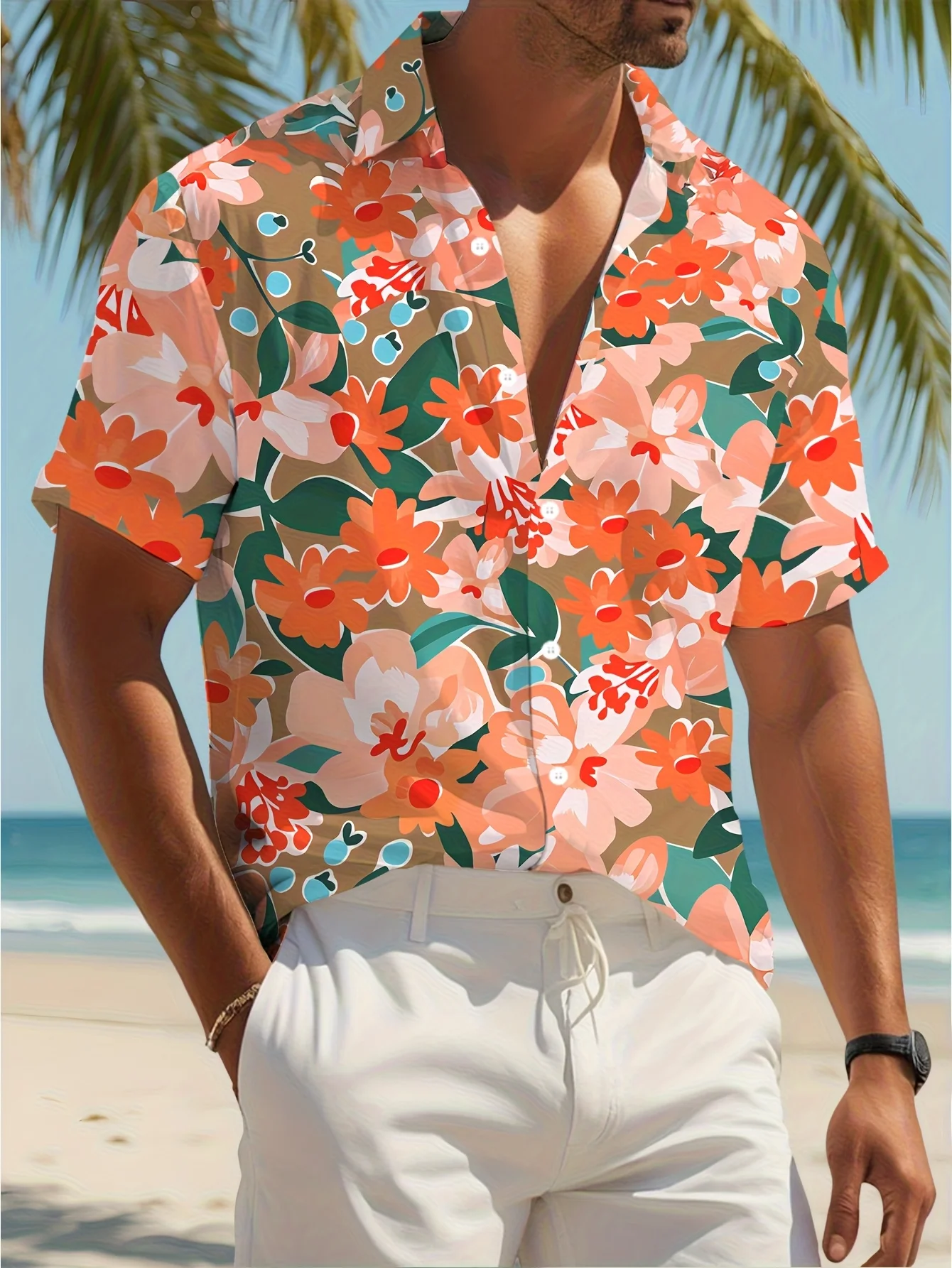Men's Hawaiian Shirt Coral Orange Floral Tropical Print Short Sleeve Button Down Casual Aloha
