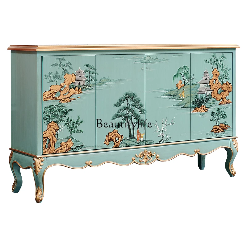 

Living room French-European solid wood hand-painted gold-painted luxury green decorative cabinet New Chinese side locker
