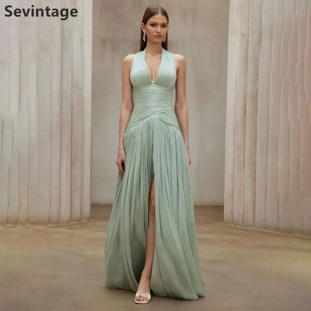 

Sevintage 2025 Mint Green Shinning A Line Pleated Maxi Evening Dress Sexy V Neck Prom Gown Dubai Women Formal Dress Customized