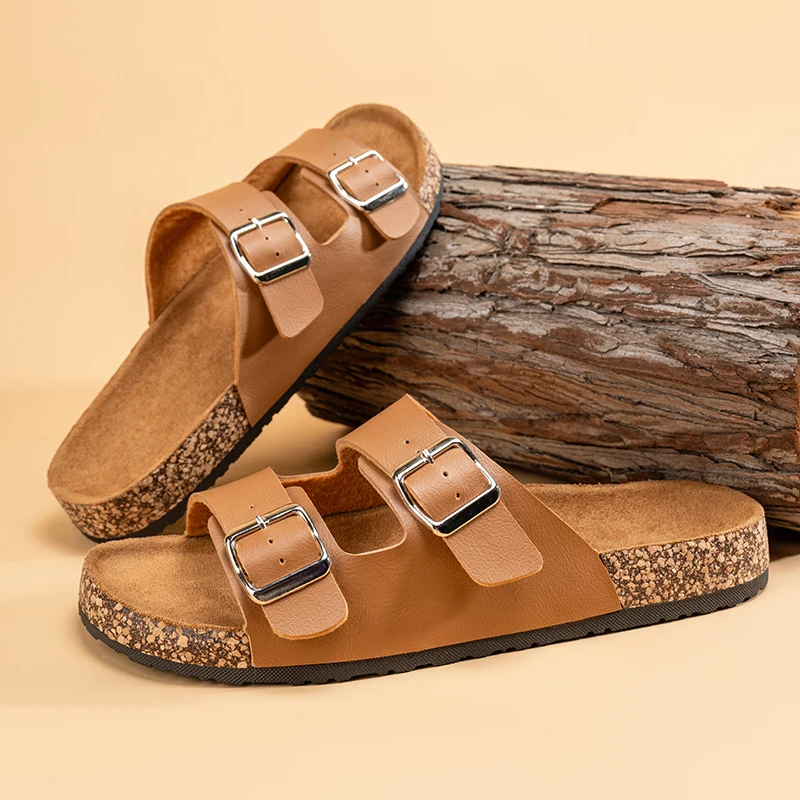 

Men's One-line Slippers, Couple Cork Retro Half-slippers, Women's Thick-soled Outdoor Double-button Flip-flops