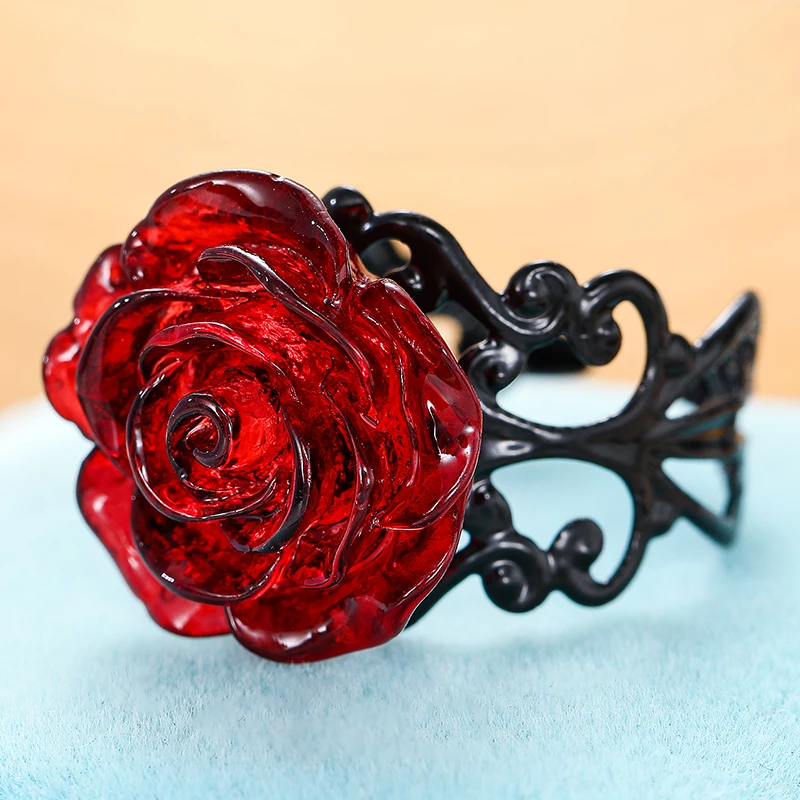 Vintage Gothic Red Rose Ring Adjustable Hollow Rings for Women Witch Pagan Punk Creative Halloween Cool Girl Gift Party Jewelry