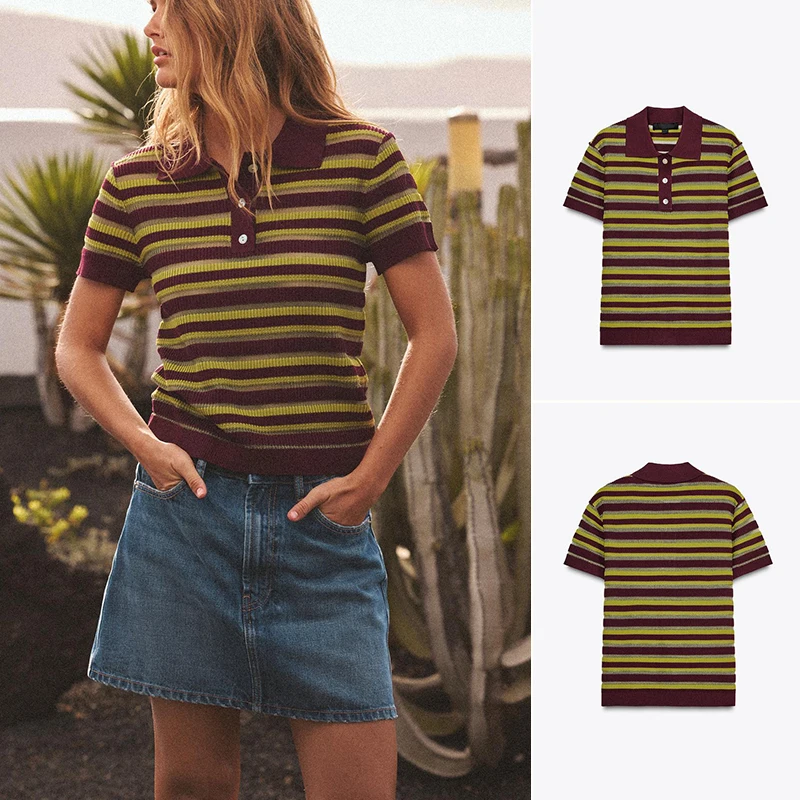 

Весна Лето Новый женский трикотажный топ irt Ne ort Sve в полоску, прямая трубка, полиэфирное волокно, обычная длина све