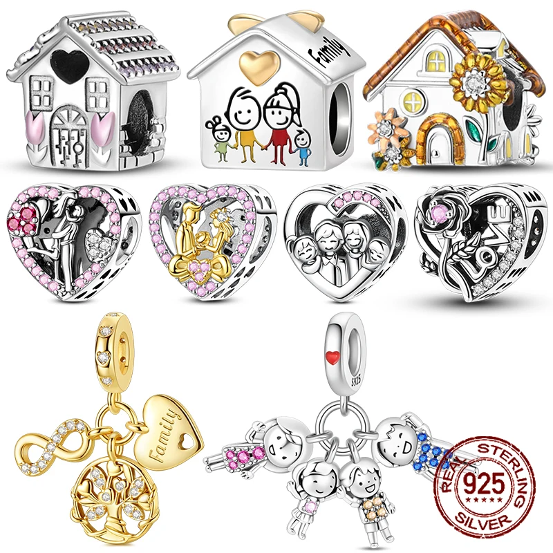 Plata de Ley 925, casa familiar, amor para siempre, cuentas familiares, abalorio colgante apto para pulsera de 4MM de diámetro de agujero, cuentas DIY, regalo de joyería