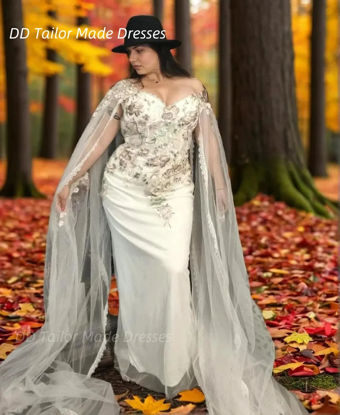 

Fairy Floral Lace Applique Wedding Dress Long Cape Sleeves Boho Bridal Gown Customized Forest Country Robe De mariée