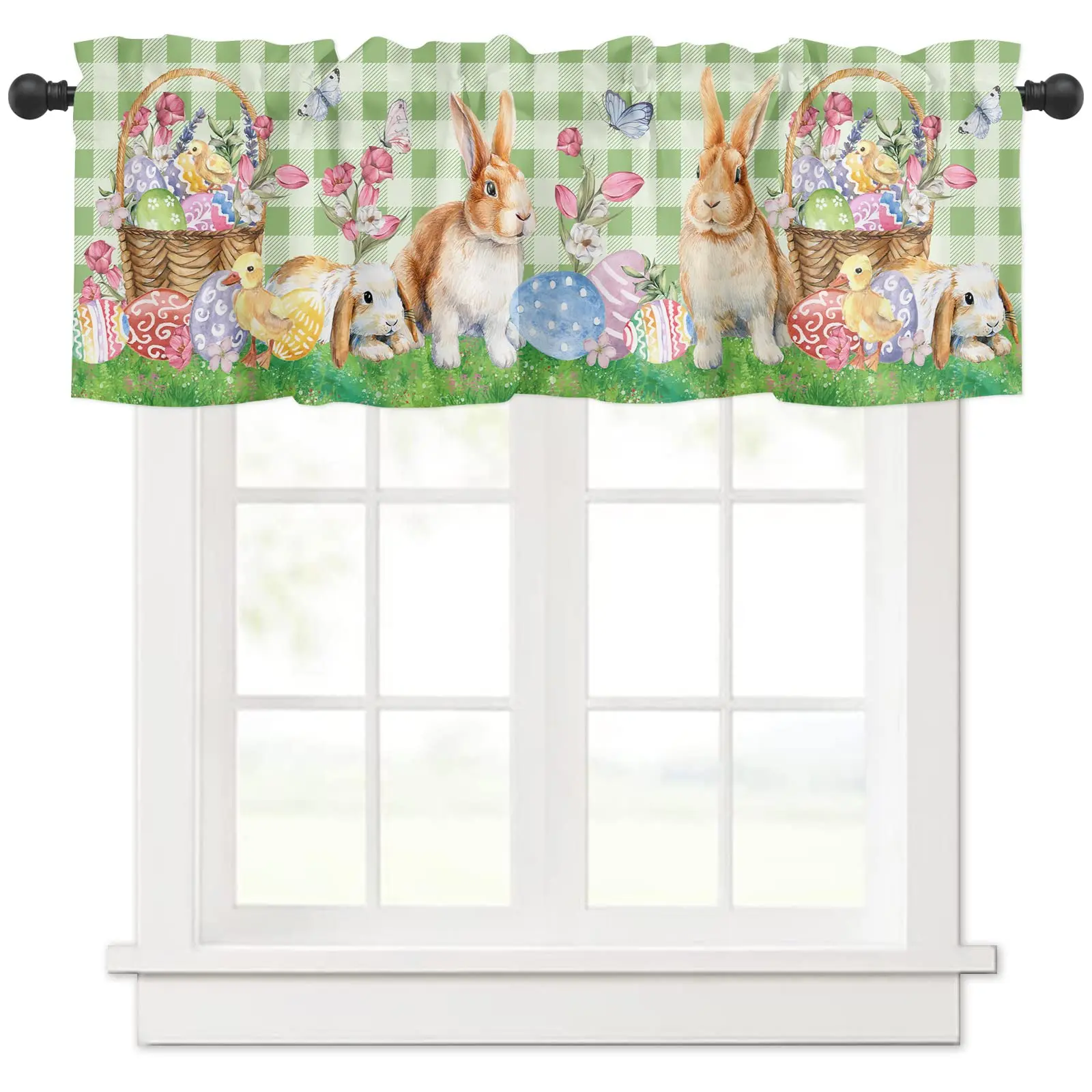 

Easter Basket Curtain Valance for Windows Easter Bunny Eggs Spring Floral Green Buffalo Plaid Short Rod Pocket Curtain Window