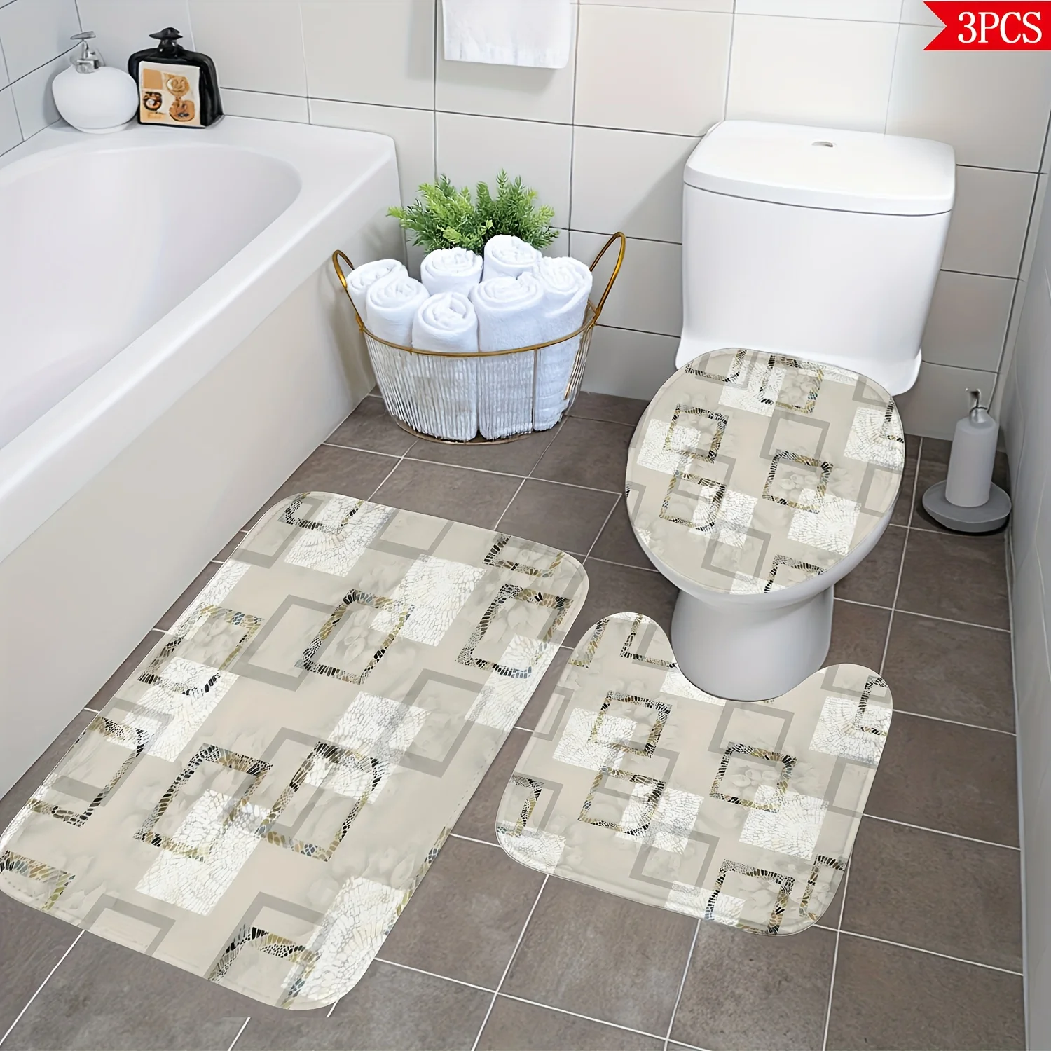 

Beige Geometric 3pc Bath Set – Modern Mosaic Design, Non-Slip Toilet Cover, U Mat & Floor Rug, Soft Polypropylene Decor