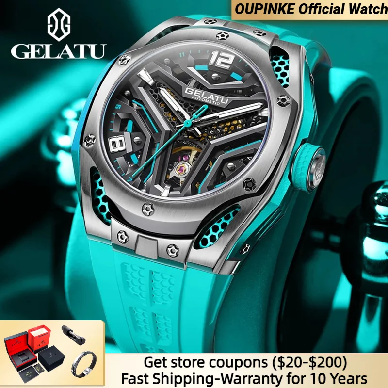 GELATU 6007 Automatic Mechanical Watch for Men Original Luxury Skeleton Silicone Sapphire Crystal 50ATM Waterproof Men's Watches