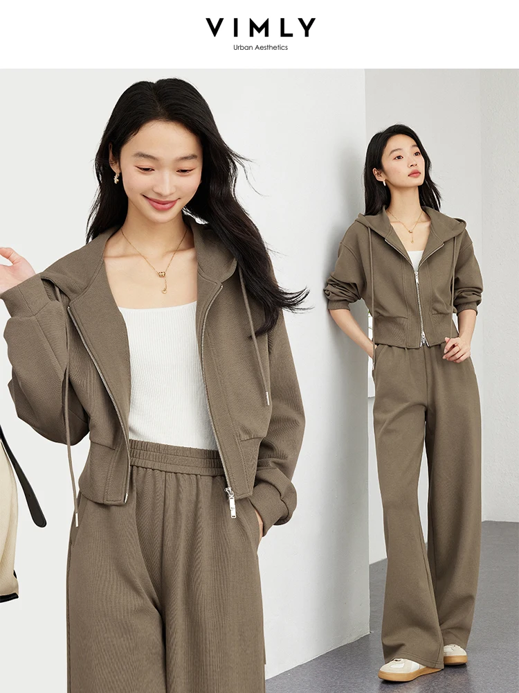 

VIMLY Woman Two Piece Sweat Set Autumn 2025 Casual Draw String Hooded Sweatshirt Straight Long Trouser Ladies Pant Sets M9085