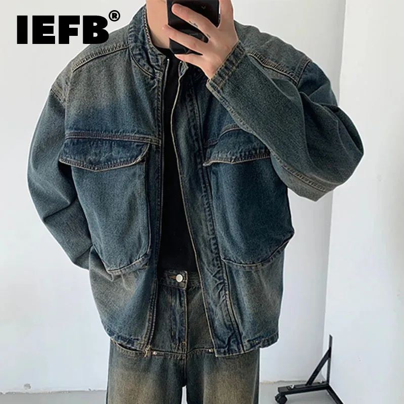 IEFB Men's Denim Jackets Casual Big Pockets Gradient Color Menwear Stand Collar Stand Collar Male Coats American Style 9C6717