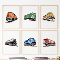 Watercolor Retro Steam Train Railroad Freight Car Posters and Prints Canvas Printing Wall Art Picture for Living Room Home Decor