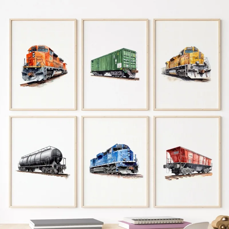 Watercolor Retro Steam Train Railroad Freight Car Posters and Prints Canvas Printing Wall Art Picture for Living Room Home Decor