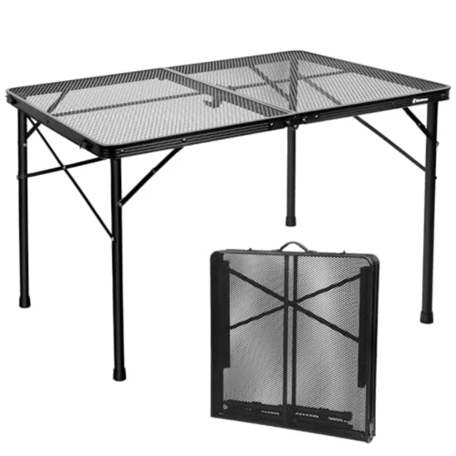 

4 ft Folding Table for Camping, BBQ, RV Picnic with Metal Mesh Desktop, Black, Adjustable Height 16.5 26,Fits 48 People, Lightw