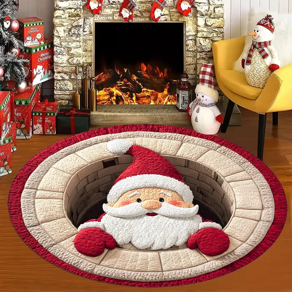 Vintage Christmas 3D Optical Illusion Round Rug, Vortex Tunnel Print Mat, Xmas Santa Pattern for Fireplace Bedroom Entryway