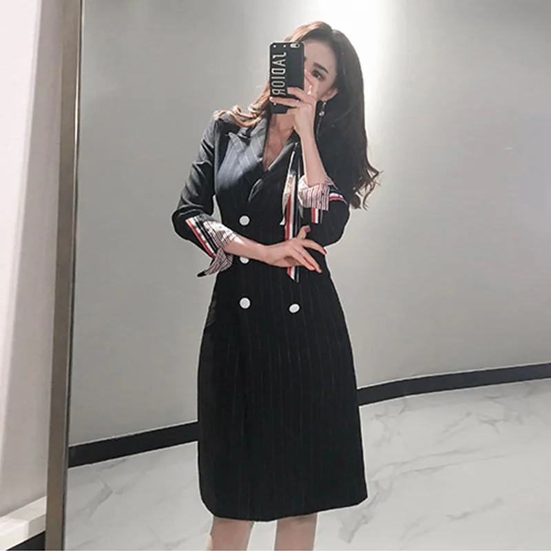 Elegant British Style Striped Suit Jacket Autumn Winter Long Slim Fit Dress Chic Atmosphere Korean Version Women's Fashion