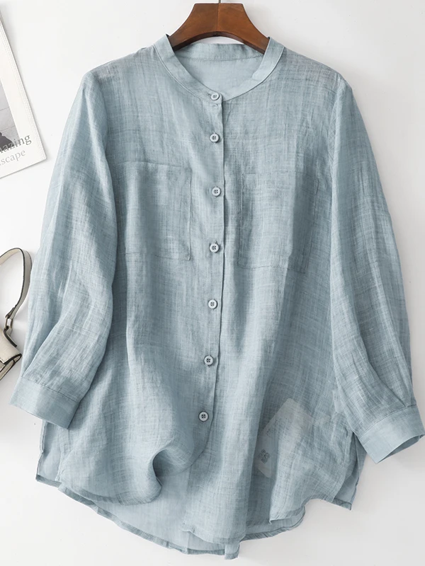 

Retro Cotton Linen Long Sleeve Shirt Women's Spring Autumn Loose Casual Slimming round Neck Button up Cardigan Top