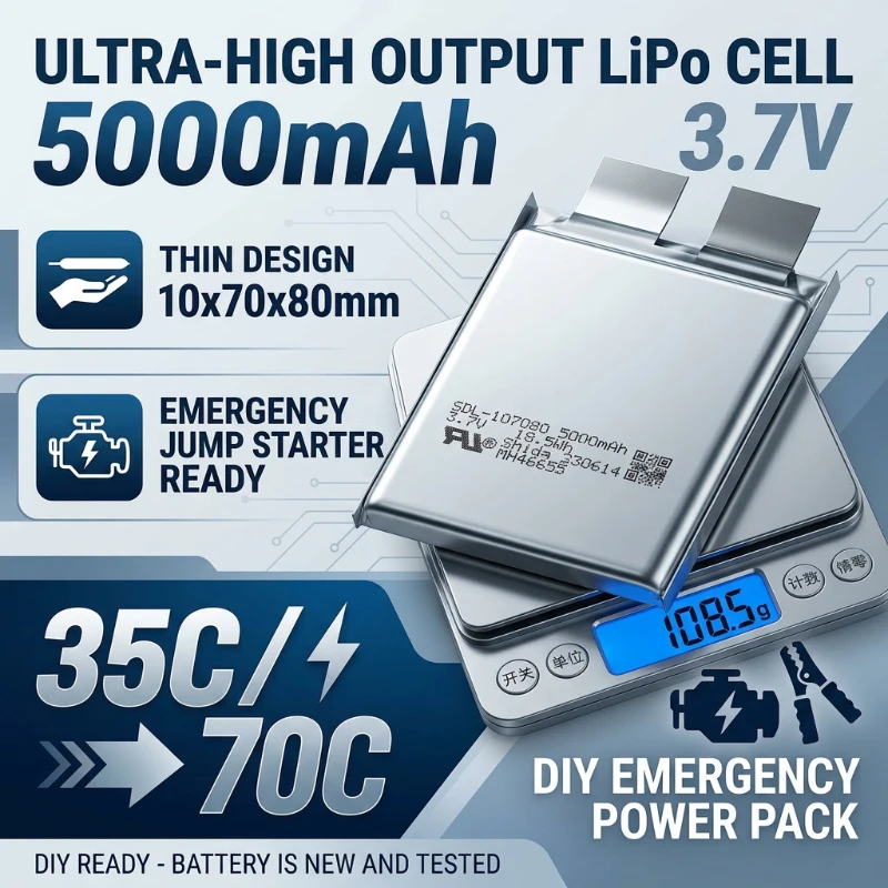 New 107080 Lithium Polymer Cell 3.7V 5000mAh 35/70C High Output 108g Thin Battery DIY Emergency Starting Power Pack
