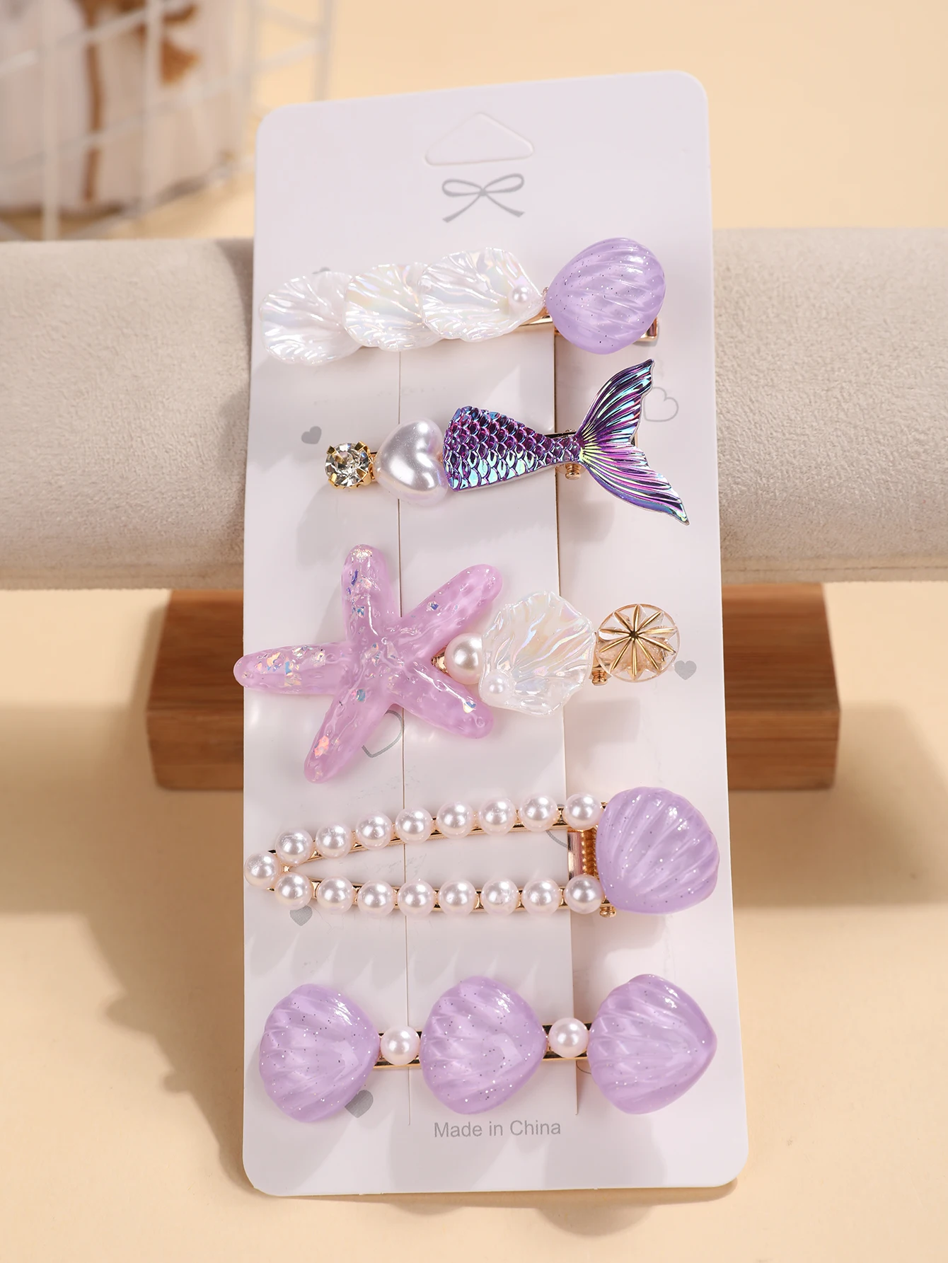 5-teiliges Set Blaue Haaraccessoires im Ozean-Stil - Meerjungfrauenschwanz, Muschel, Seestern und Perlen-Haarspangen - Niedliche Teenager-Seitenknoten-Accessoires – Detail 5