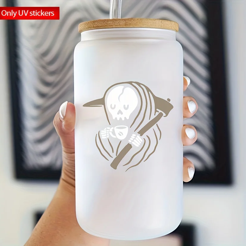 1PC Grim Reaper Drinking Coffee Gothic Waterproof Vinyl Decal for Laptop Water Bottle Mug Glass Decor