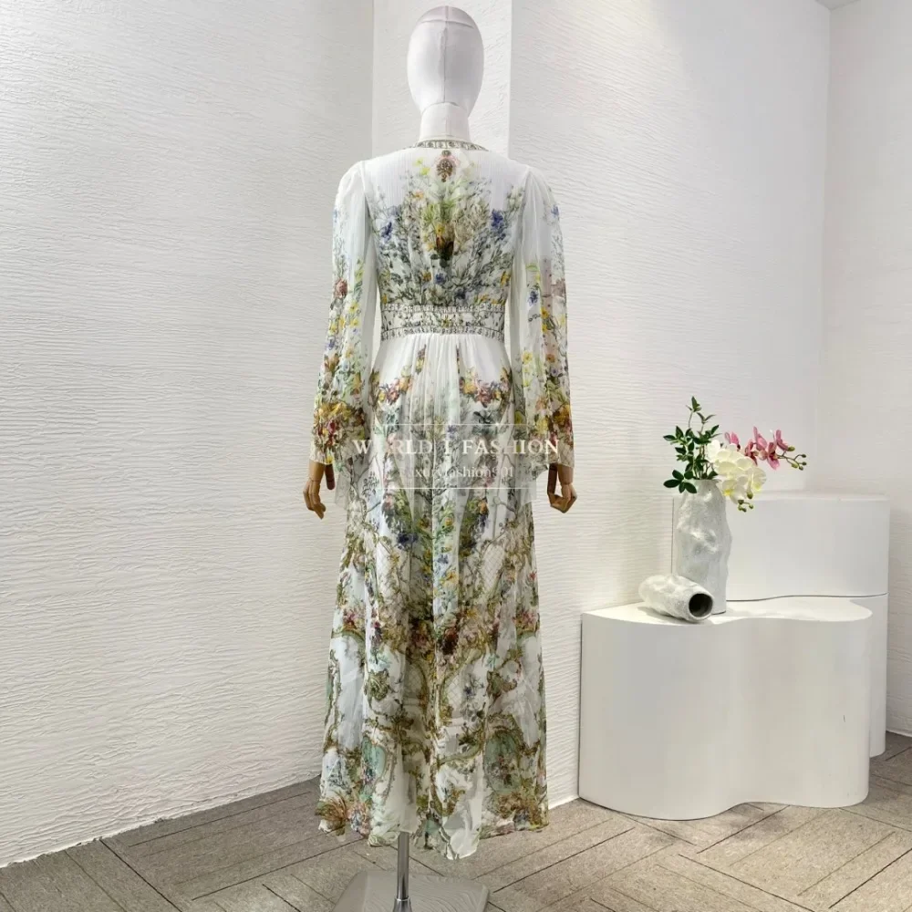 

Female Clothing White Floral Print Long Sleeve Deep V Neck Long Dress
