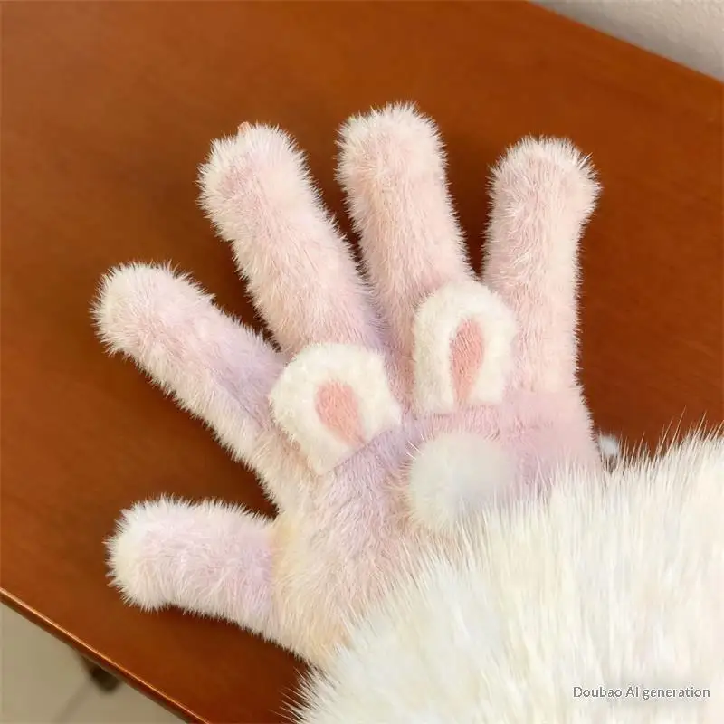 

Cute Pink Rabbit Cat Ear Pom-pom Plush Gloves Cold-Proof Gloves Student Winter Warm Five-finger Gloves Women Accessory Xmas Gift