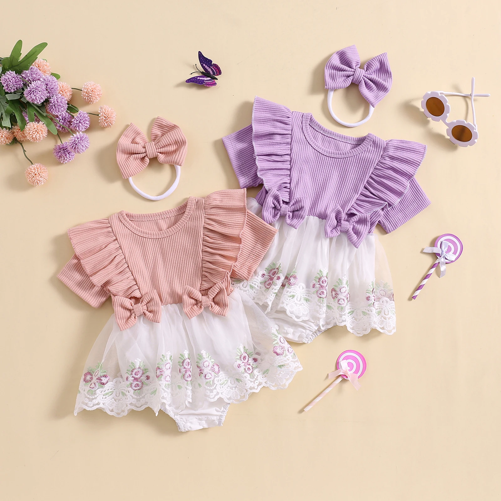 Infant Girls Lace Romper Dress Flower Embroidery Tulle Short Sleeve Ruffled Bodysuits Jumpsuit with Bow Headband Clothes