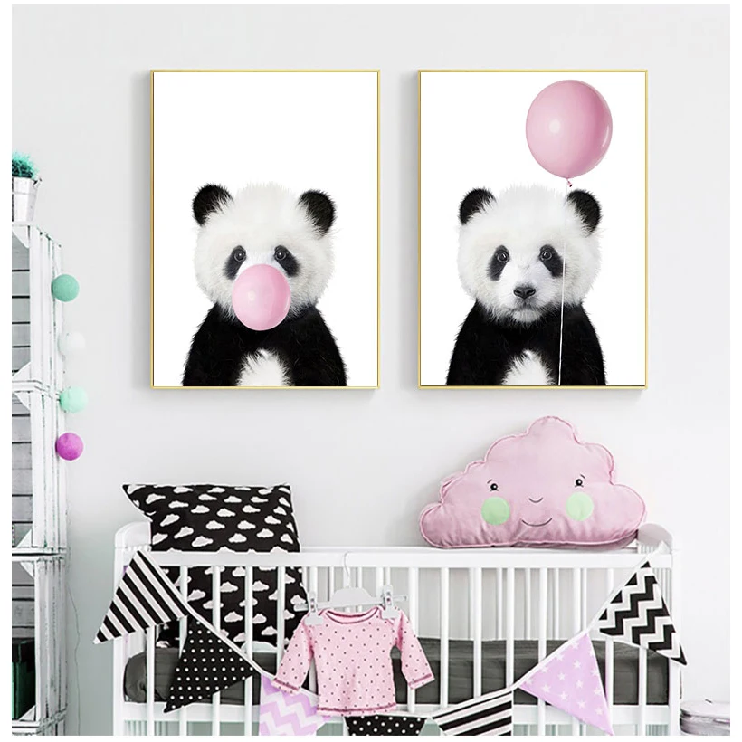 Baby Panda Print Animal With Bubble Gum Poster Nursery Wall Art Picture Decor Cute Pink Balloon Baby Shower Gift Canvas Painting
