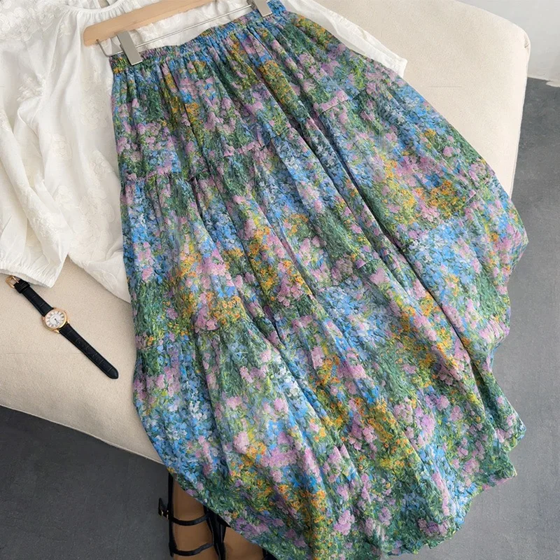 

Fre Sle Mid-Length A-Line Skirt with Floral Print Slimming Thin Cotton Cake Dr Polyester Fiber 00% Regular Thin