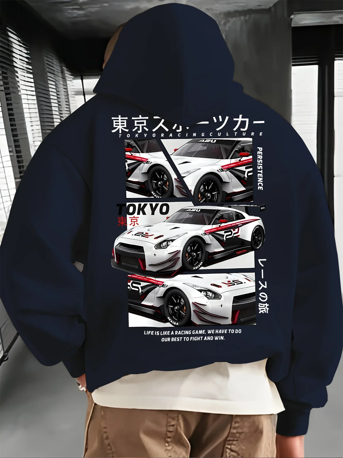 سويت شيرت رجالي بتصميم جرافيك لسباق السيارات مع بلوفر بقلنسوة باللون الأزرق الداكن الياباني، ملابس شتوية كاجوال قابلة للغسل في الغسالة #2