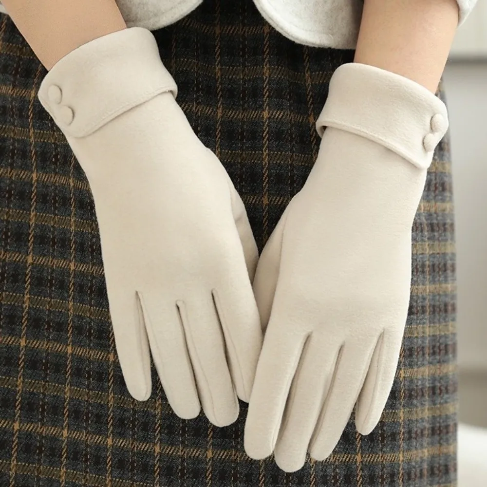 Simple Button Winter Gloves Fleece Touchscreen Women Gloves Thickened Full Finger Cycling Mittens Female
