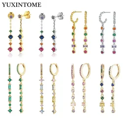 NEW 925 Sterling Silver Ear Needle Geometric Zircon Chain Hoop Earrings Colorful Crystal Pendant Earrings Luxury Fashion Jewelry