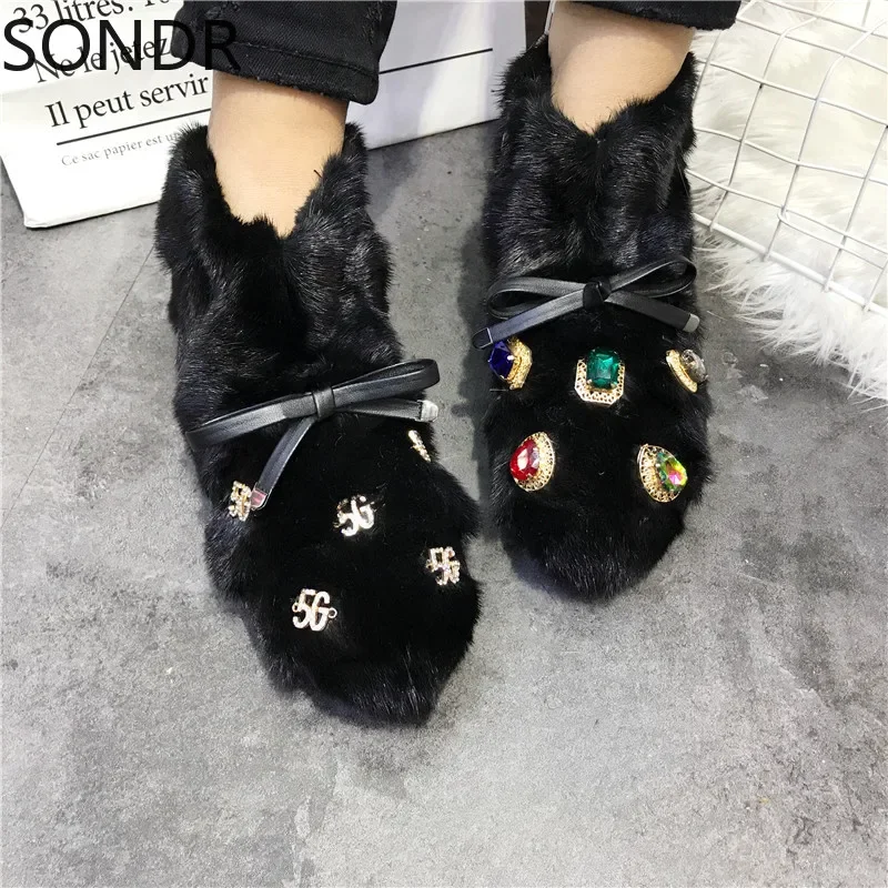 Womens Round Toe Rainbow Diamond Real Mink Fur Ankle Boots Snow Warm Winter Shoes Thick Furry Black Luxury New 2024