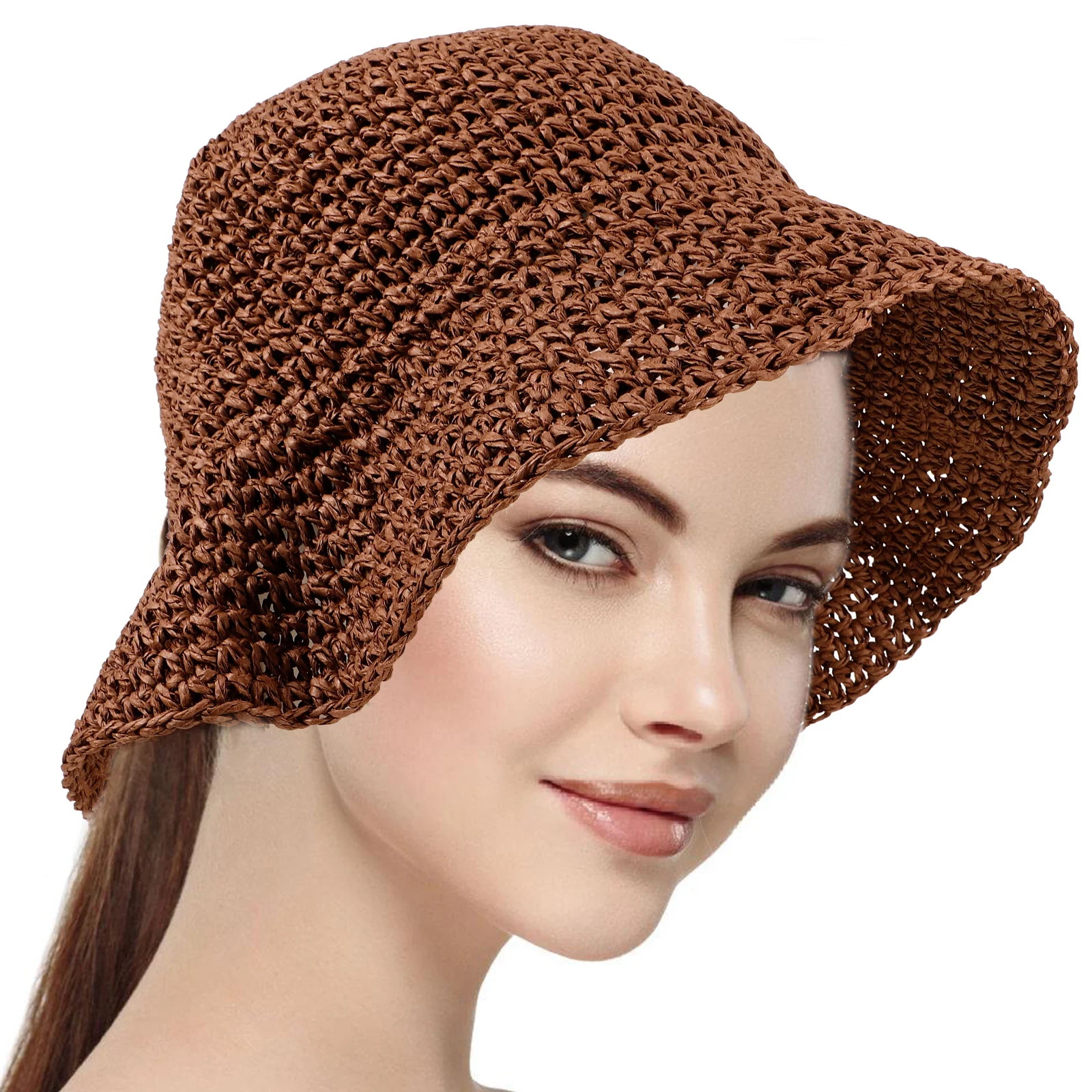 

Sun Protection Hat Women Brown Bucket Hats Lightweight Comfortable Summer Beach Small Brim Weaving Straw Hat for Outdoor