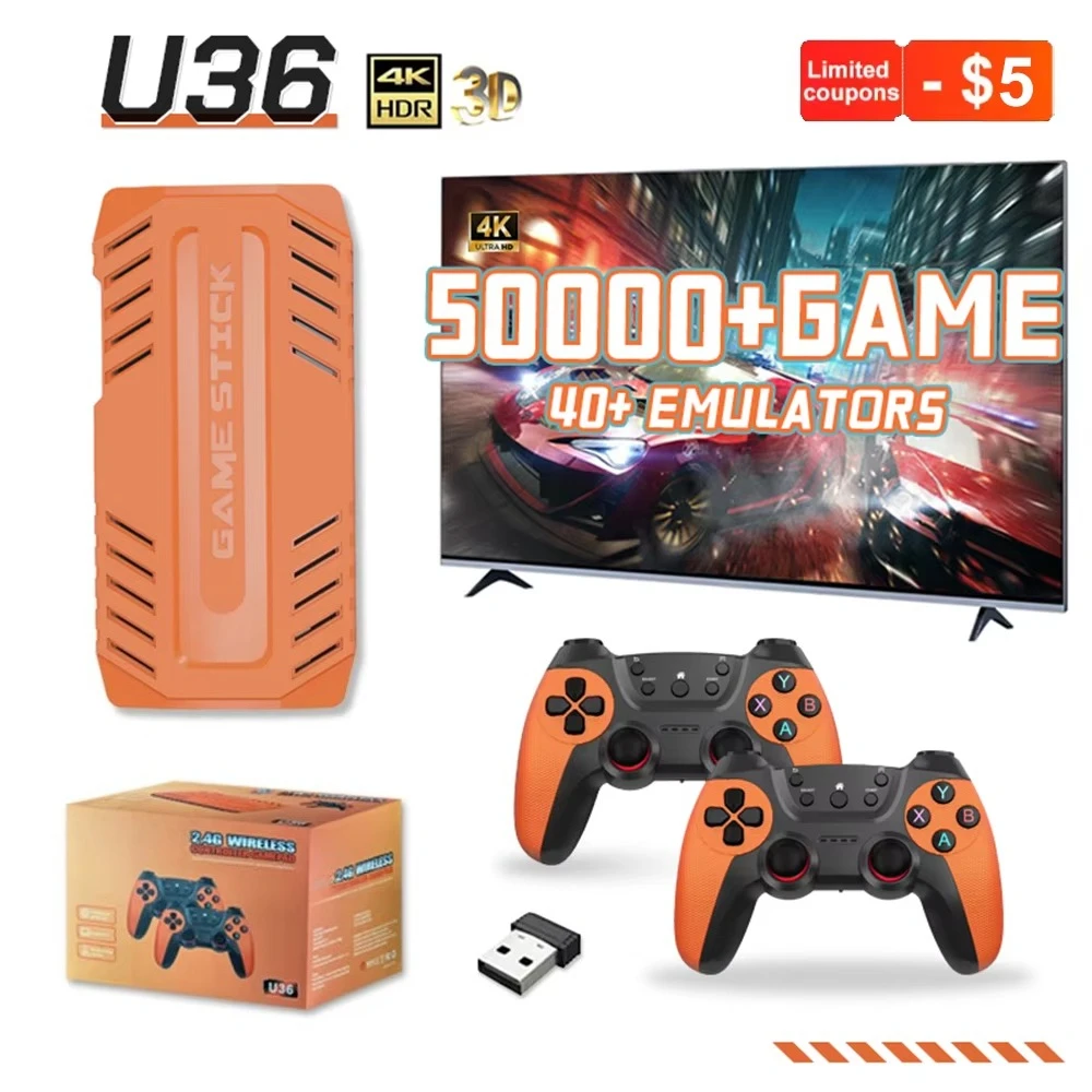 U36 Wireless Game Stick Retro Gaming Console S905 128G 50,000+ Games Support 40+ Classic Emulators For PS1 HDMI Kid Gifts