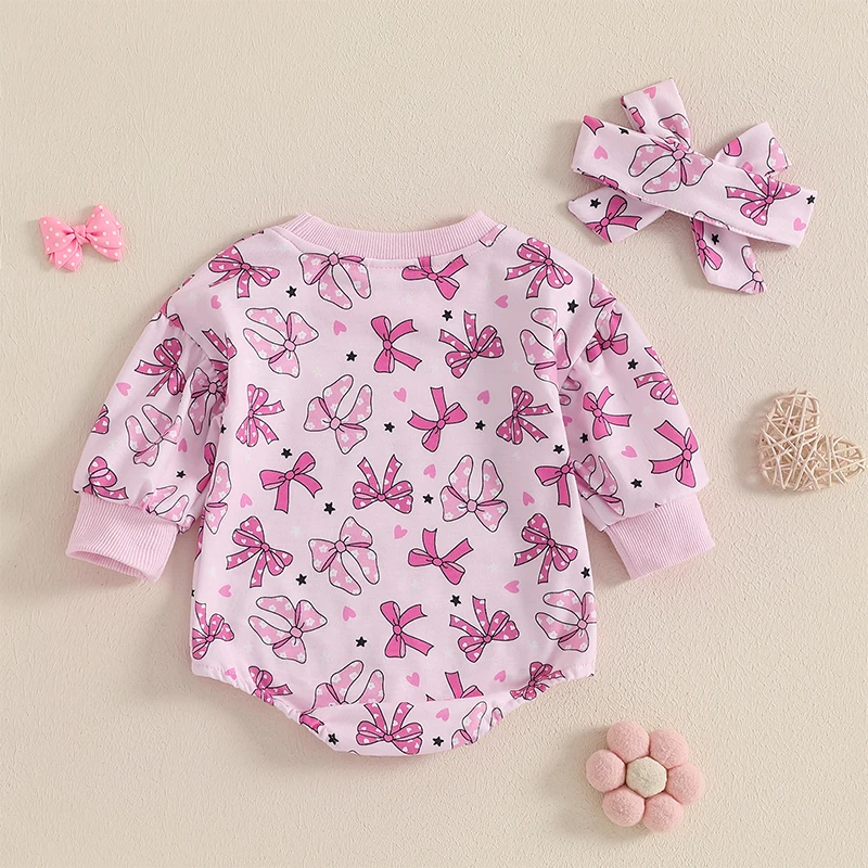 Baby Girls Sweatshirts Rompers Valentine s Day Clothes Bowknot Heart Print Long Sleeve Spring Bodysuits with Headband