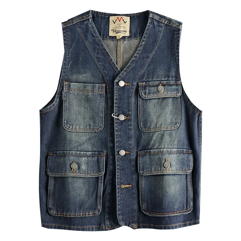 Spring Autumn New Japanese Retro Denim Cargo Vest Men\'s Simple Pure Cotton Washed Old Sleeveless V-neck Multi-pocket Casual Coat