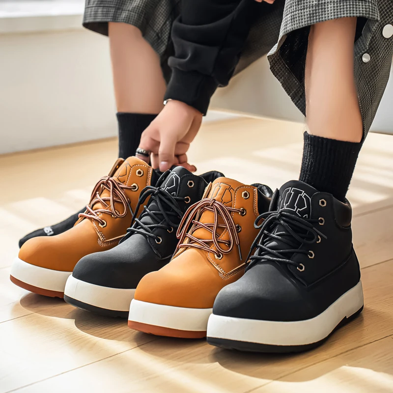 

New Niche Large-sized Flat-bottom Mid-top Men's Color-matching High-quality Leather Soft-soled Lace-up Round-toe Work Boots