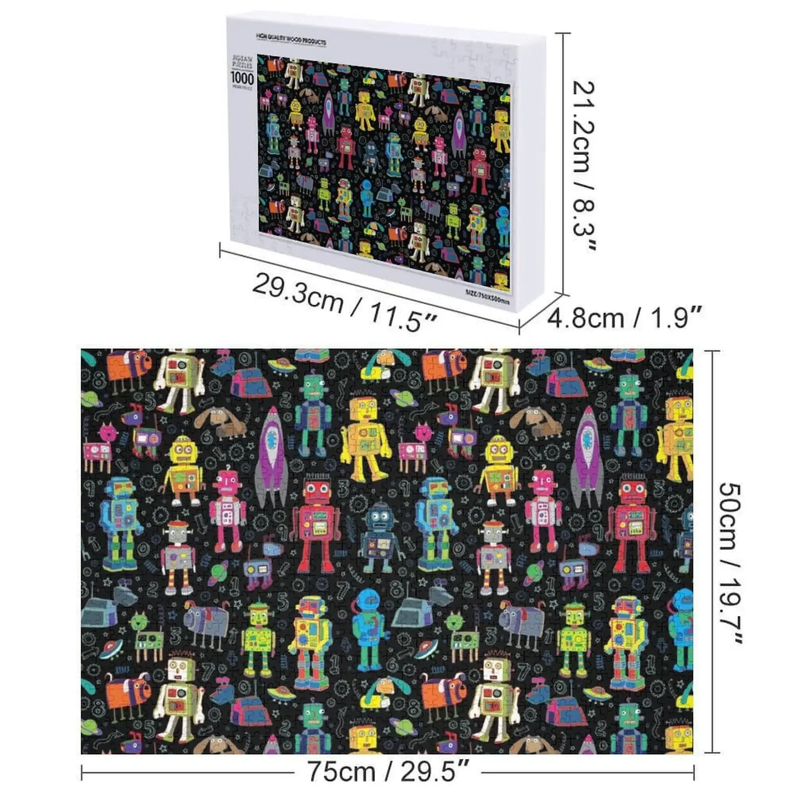 الروبوتات في الفضاء - أسود - نمط ممتع من Cecca Designs Jigsaw Puzzle Wood Photo Personalized Baby Wooden Puzzle