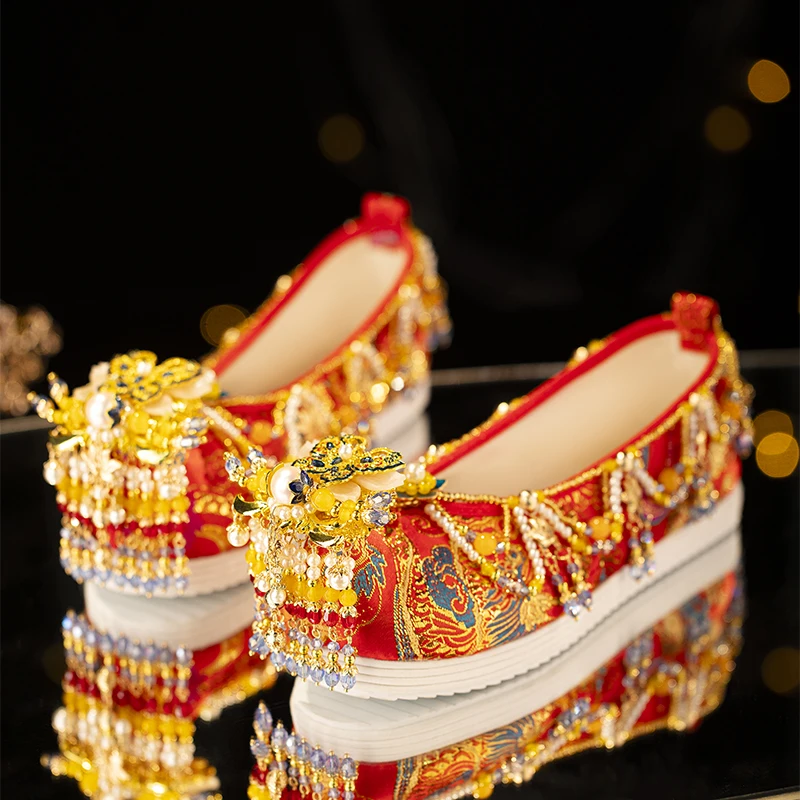 High Quality Handmade Xiuhe Wedding Shoes Women's Flat Chinese for Han Clothing Ming Ancient Style Bridal
