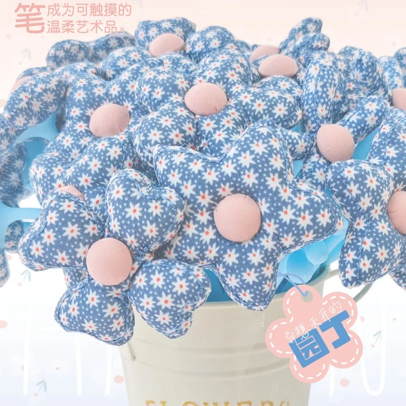 10PCS Blue Bottom Floral Fabric Flower Neutral Pen Fresh Floral Filling Small Flower Styling Pen Girl Heart Writing Decorative P
