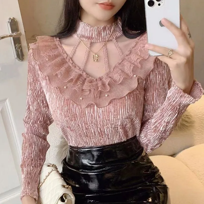 Lace Splicing Semi-turtleneck Beaded Women's Clothes 2024 Autumn New Versatile Slim-fitting Inner Wear Outfit Blouse Top